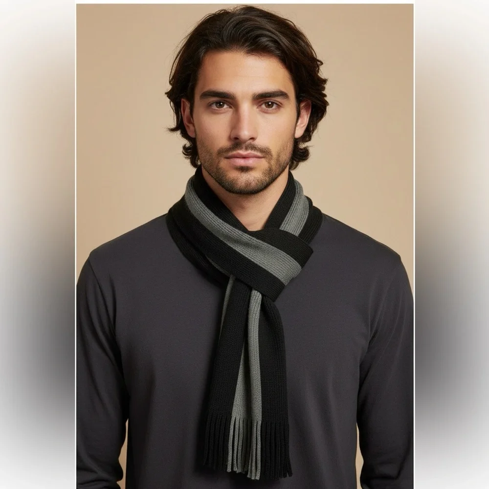 Black and Gray Contemporary Striped Men's Scarf with Fringe